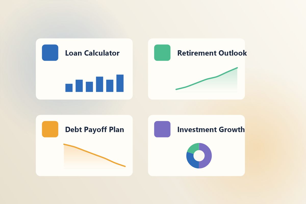 Four-tile calculator suite showing loan, retirement, debt and investment widgets