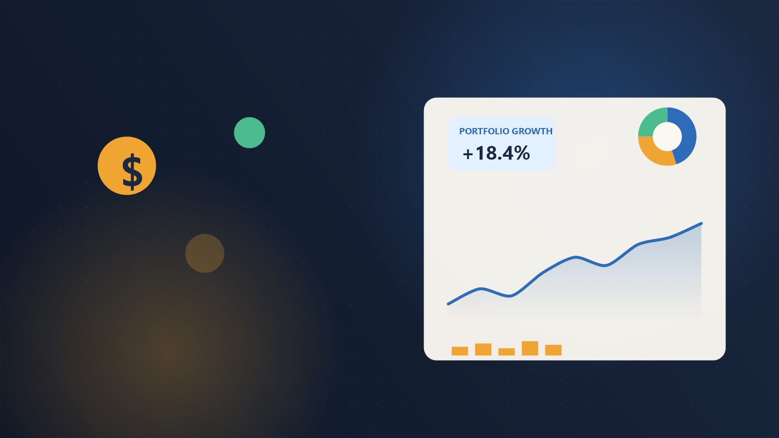 Abstract dashboard illustrating a portfolio with rising line graph, mixed-asset donut and accent KPI cards